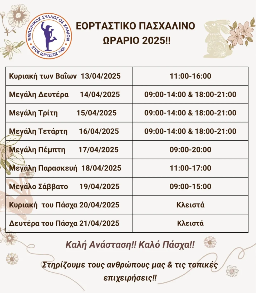 ΠΡΟΤΕΙΝΌΜΕΝΟ ΠΑΣΧΑΛΙΝΟ ΩΡΑΡΙΟ 2025