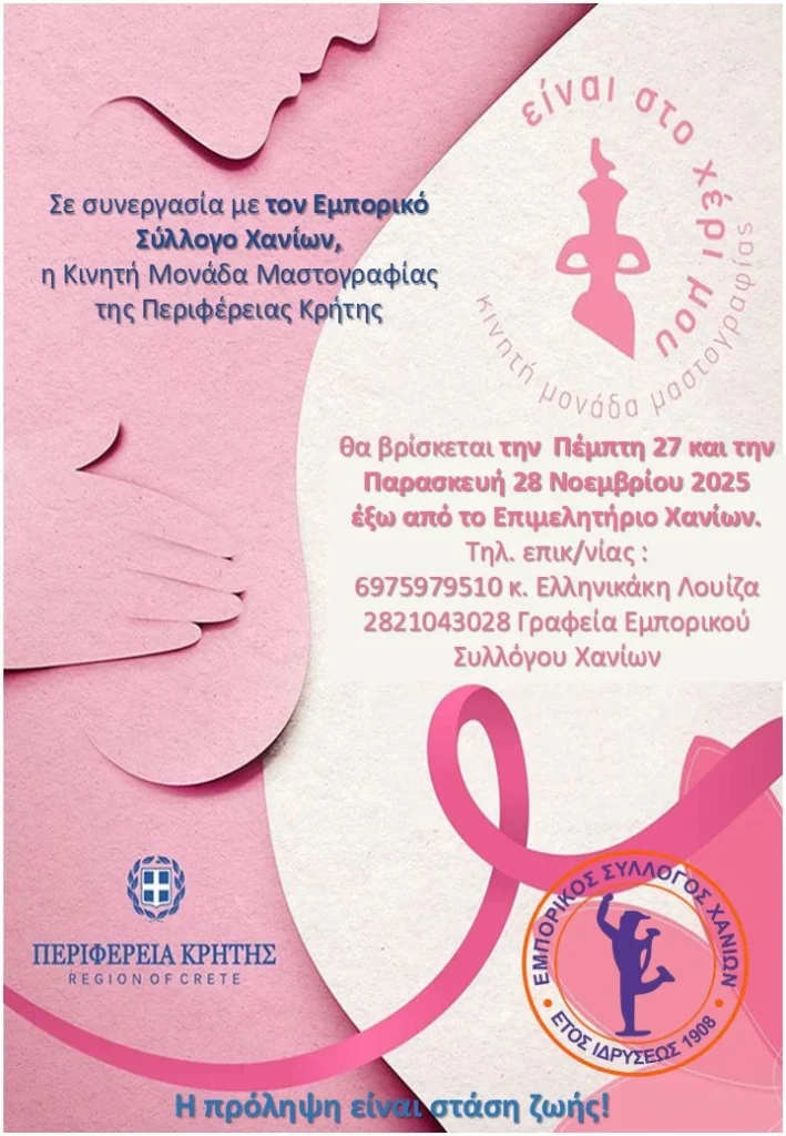 Αφίσα για Μονάδα Μαστογραφίας ΕΜΠΟΡΙΚΟΣ ΣΥΛΛΟΓΟΣ ΧΑΝΙΩΝ 2728 11 2025