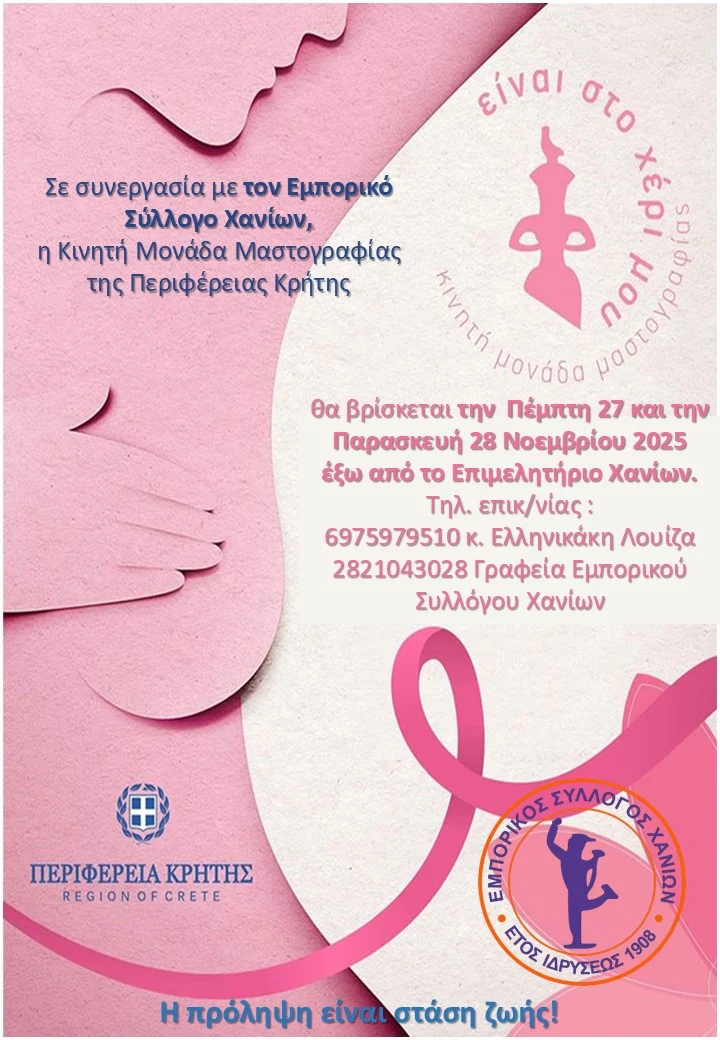 Αφίσα για Μονάδα Μαστογραφίας ΕΜΠΟΡΙΚΟΣ ΣΥΛΛΟΓΟΣ ΧΑΝΙΩΝ 2728 11 2025